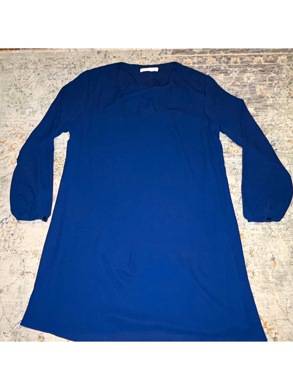 Three Eighty Two Women's Blue Solid V-Neck Balloon Sleeve Shift Dress Sz M A383
